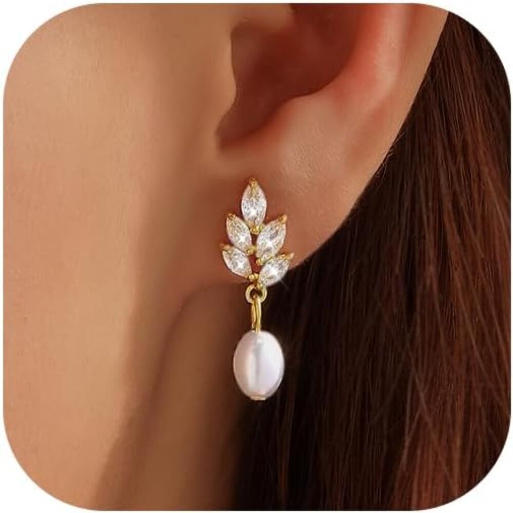 NEW! Pearl Earrings for Women, 14k Gold Plated Trendy Diamond Pearl Drop